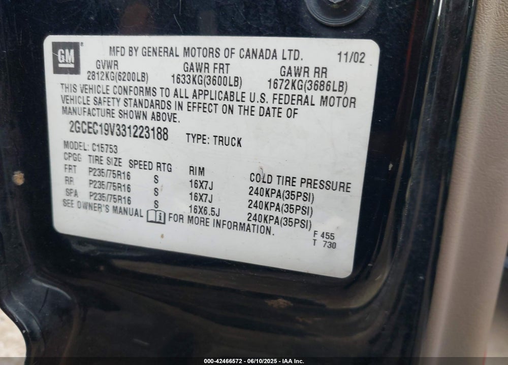 2003 CHEVROLET SILVERADO 1500 LS VIN: 2GCEC19V331223188