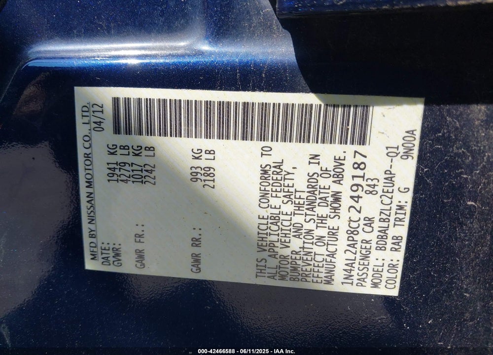 2012 NISSAN ALTIMA 2.5 S VIN: 1N4AL2AP8CC249187
