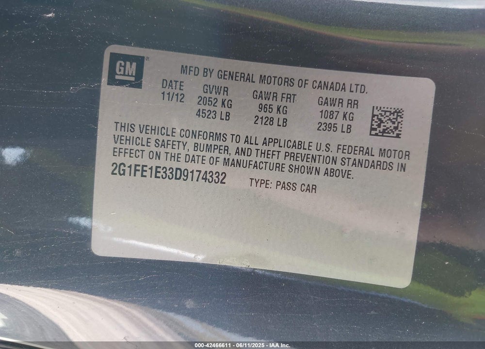 2013 CHEVROLET CAMARO 1LS VIN: 2G1FE1E33D9174332