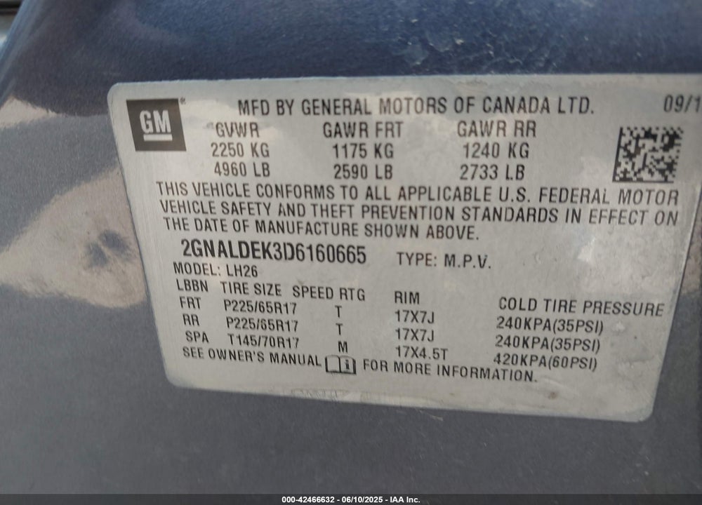 2013 CHEVROLET EQUINOX VIN: 2GNALDEK3D6160665