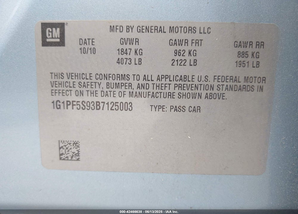 2011 CHEVROLET CRUZE VIN: 1G1PF5S93B7125003
