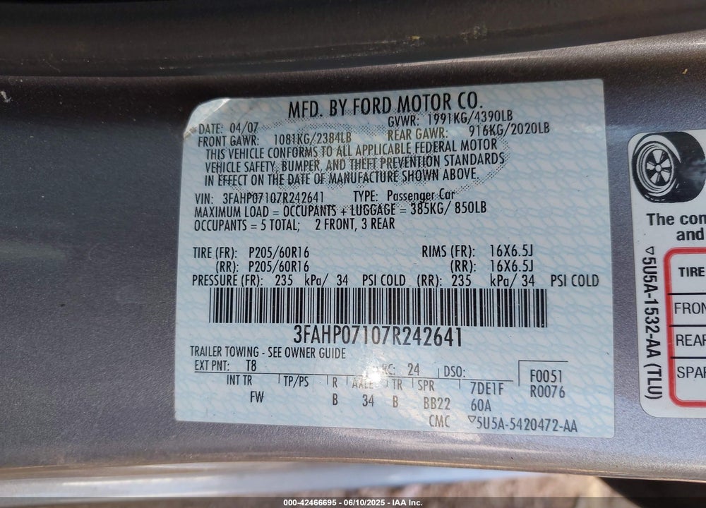2007 FORD FUSION SE VIN: 3FAHP07107R242641