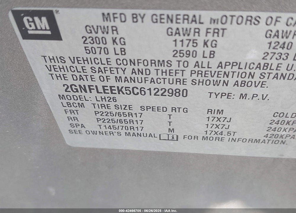 2012 CHEVROLET EQUINOX VIN: 2GNFLEEK5C6122980