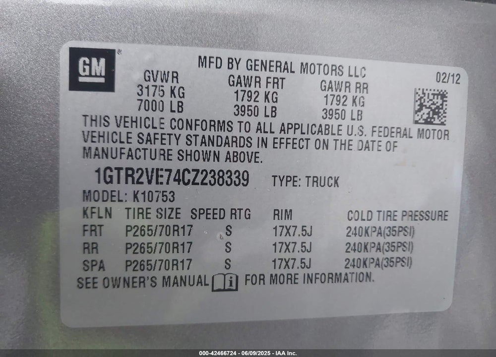 2012 GMC SIERRA 1500 VIN: 1GTR2VE74CZ238339