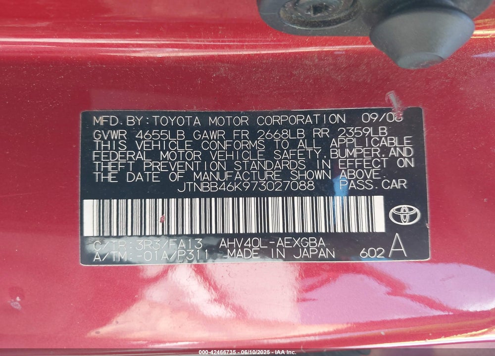2007 TOYOTA CAMRY HYBRID VIN: JTNBB46K973027088