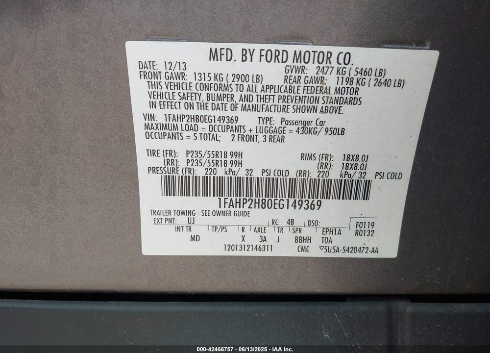 2014 FORD TAURUS SEL VIN: 1FAHP2H80EG149369