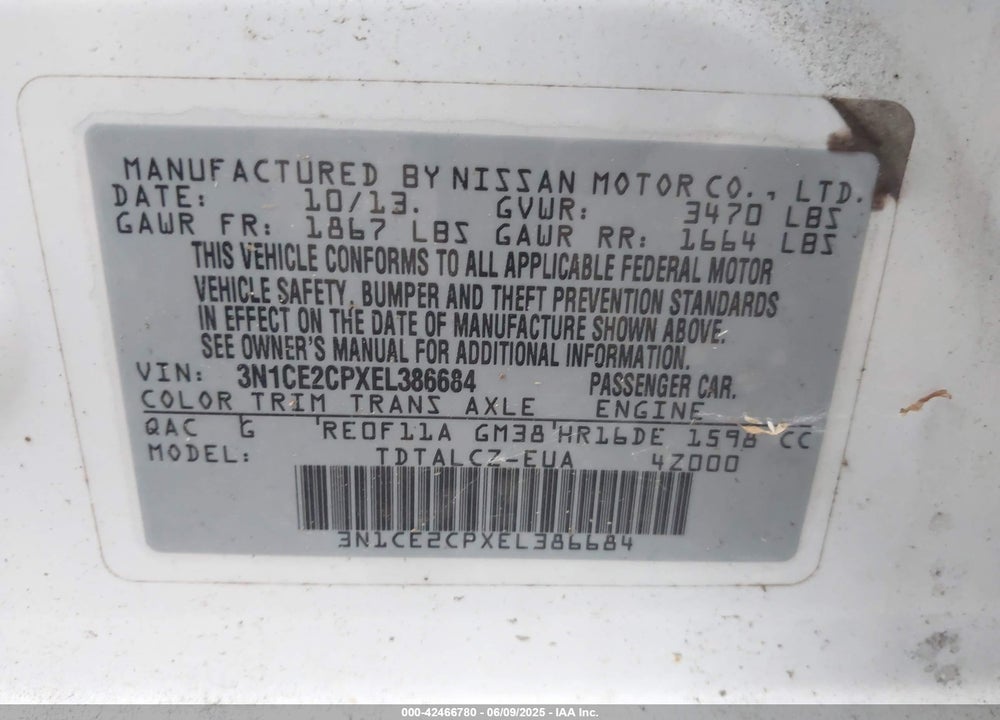 2014 NISSAN VERSA NOTE S PLUS VIN: 3N1CE2CPXEL386684