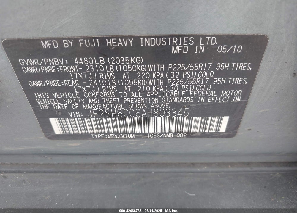 2010 SUBARU FORESTER VIN: JF2SH6CC6AH803345