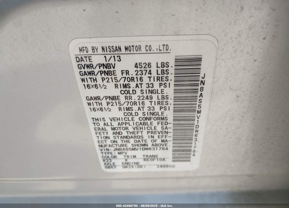 2013 NISSAN ROGUE S VIN: JN8AS5MV1DW631784