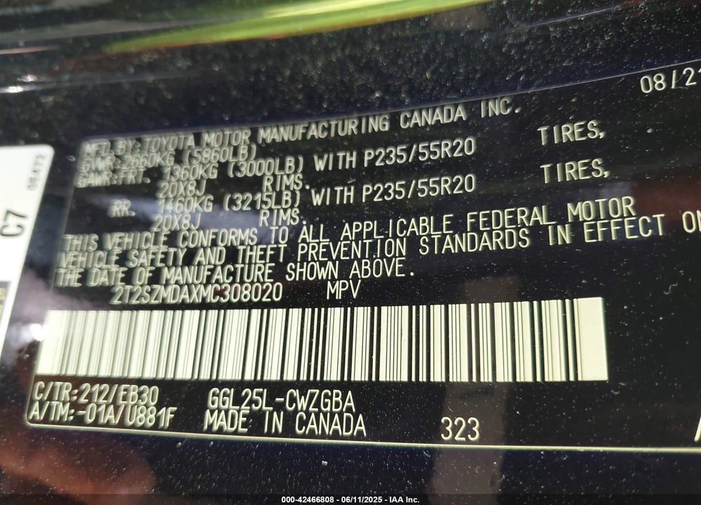 2021 LEXUS RX VIN: 2T2SZMDAXMC308020