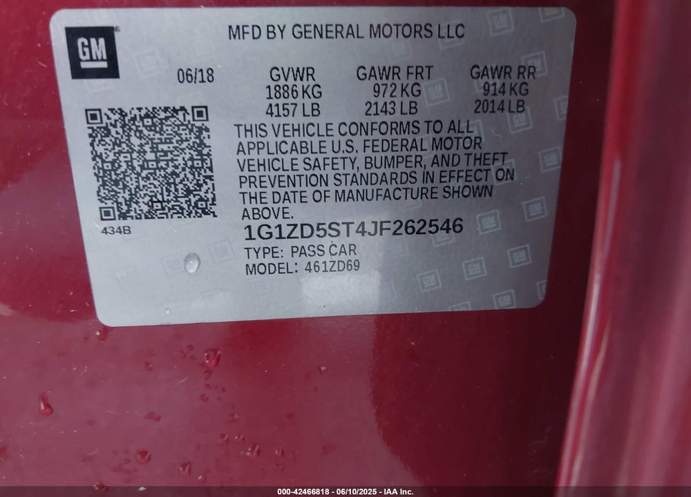 2018 CHEVROLET MALIBU VIN: 1G1ZD5ST4JF262546