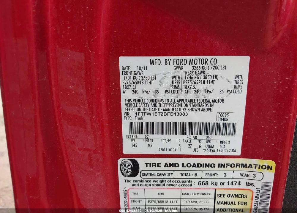 2011 FORD F-150 VIN: 1FTFW1ET2BFD13083