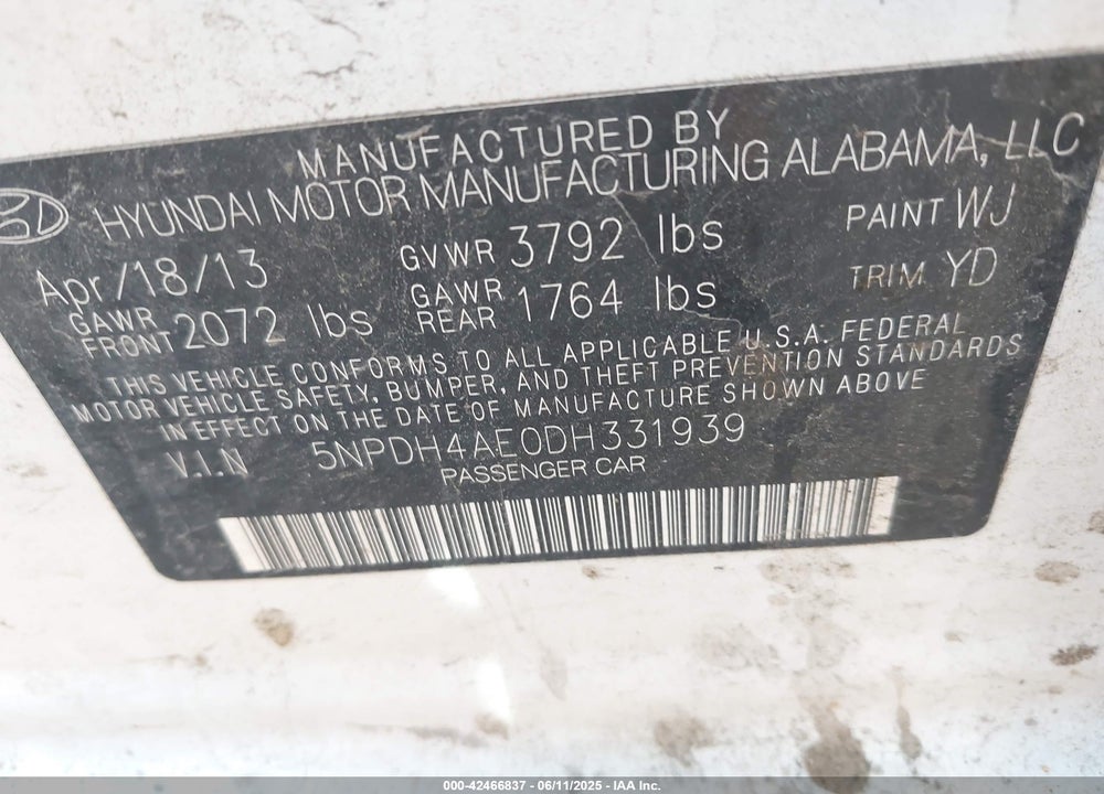 2013 HYUNDAI ELANTRA GLS VIN: 5NPDH4AE0DH331939