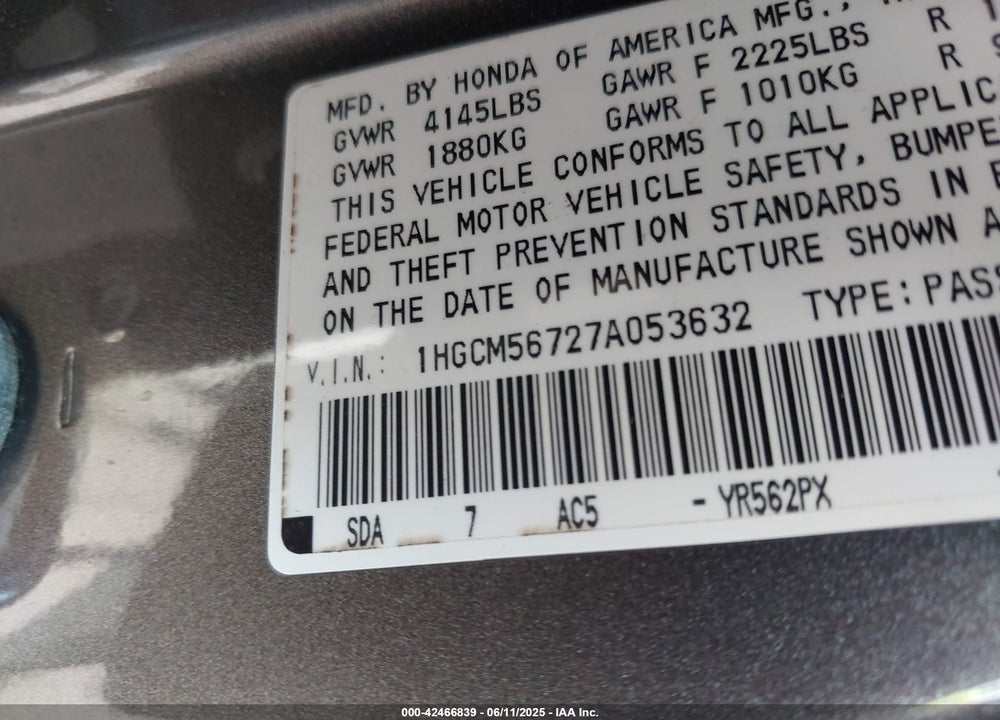 2007 HONDA ACCORD VIN: 1HGCM56727A053632
