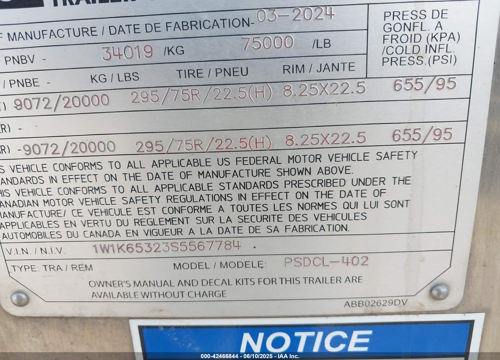 2025 WILSON TRAILER CO LIVESTOCK TRAILER VIN: 1W1K65323S5567784