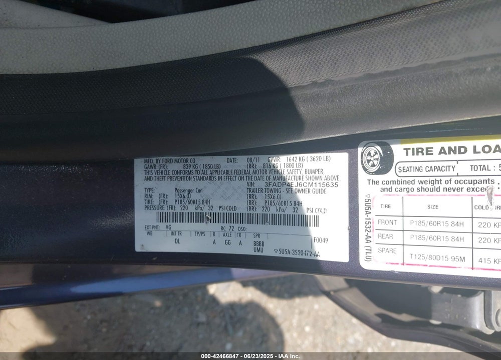 2012 FORD FIESTA SE VIN: 3FADP4EJ6CM115635