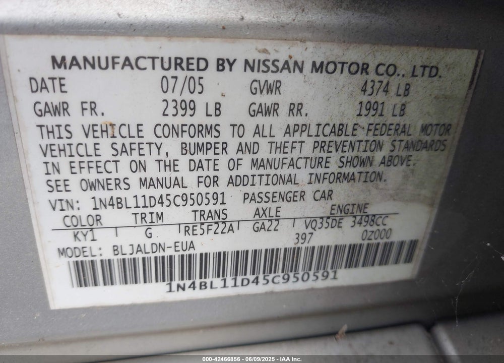 2005 NISSAN ALTIMA 3.5 SL VIN: 1N4BL11D45C950591