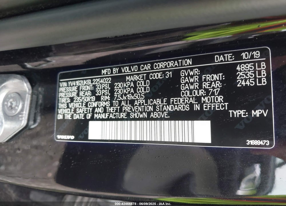 2020 VOLVO XC40 VIN: YV4162UK6L2254022