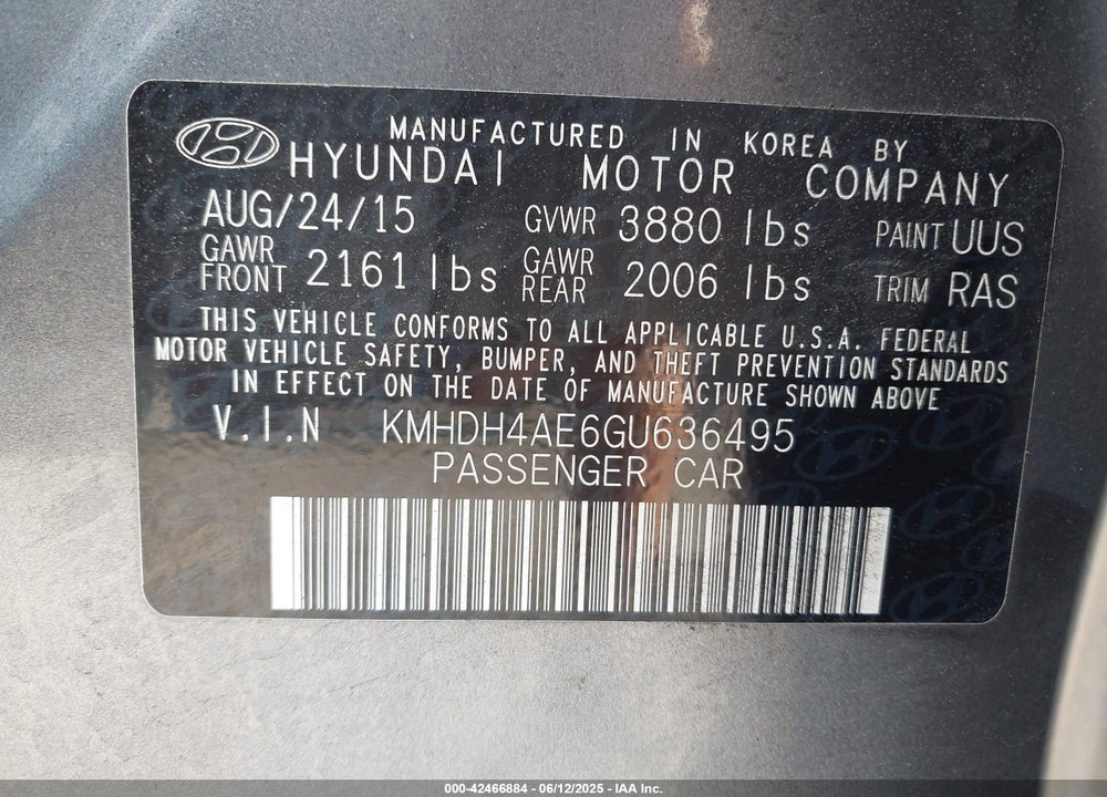 2016 HYUNDAI ELANTRA VIN: KMHDH4AE6GU636495