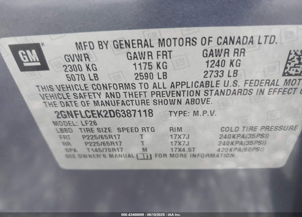 2013 CHEVROLET EQUINOX VIN: 2GNFLCEK2D6387118