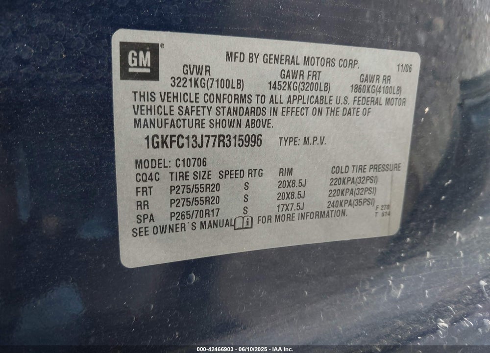 2007 GMC YUKON VIN: 1GKFC13J77R315996