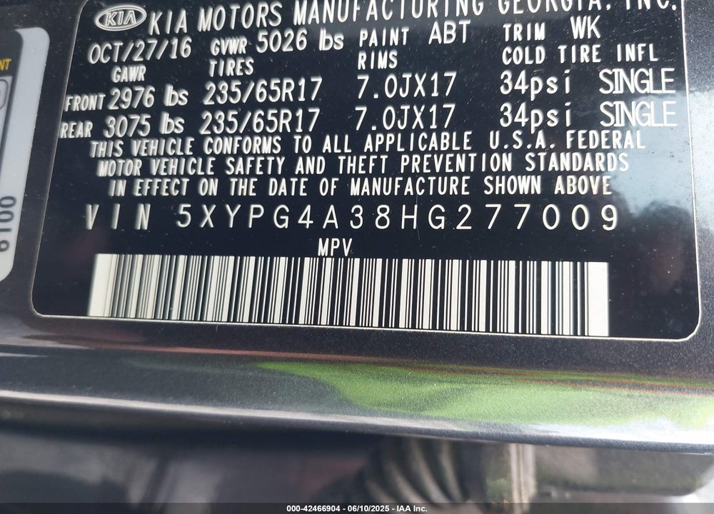 2017 KIA SORENTO VIN: 5XYPG4A38HG277009