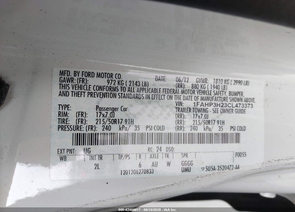 2012 FORD FOCUS VIN: 1FAHP3H23CL473373