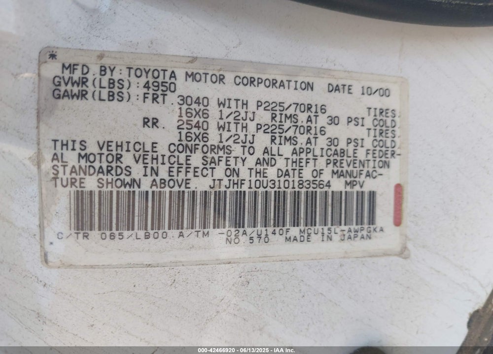 2001 LEXUS RX 300 VIN: JTJHF10U310183564