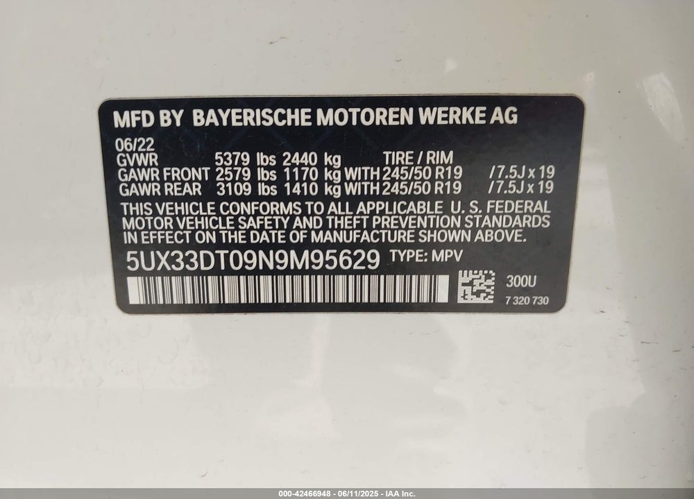 2022 BMW X4 XDRIVE30I VIN: 5UX33DT09N9M95629