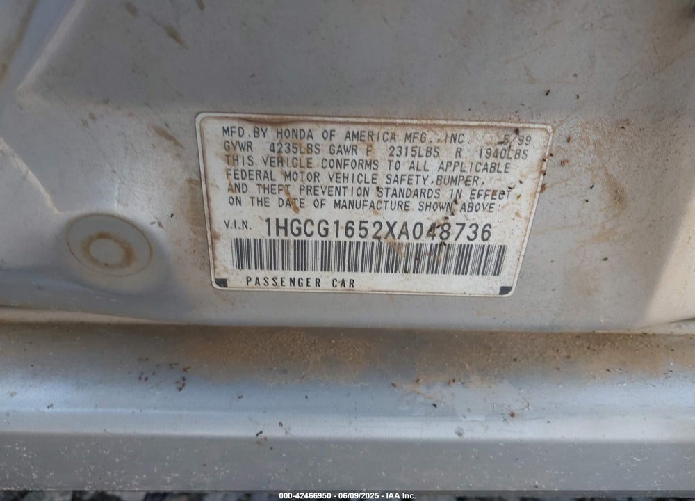 1999 HONDA ACCORD EX V6 VIN: 1HGCG1652XA048736