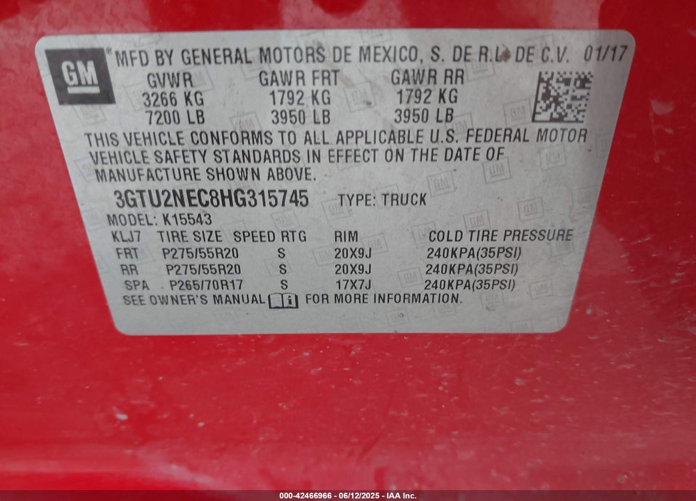 2017 GMC SIERRA 1500 VIN: 3GTU2NEC8HG315745
