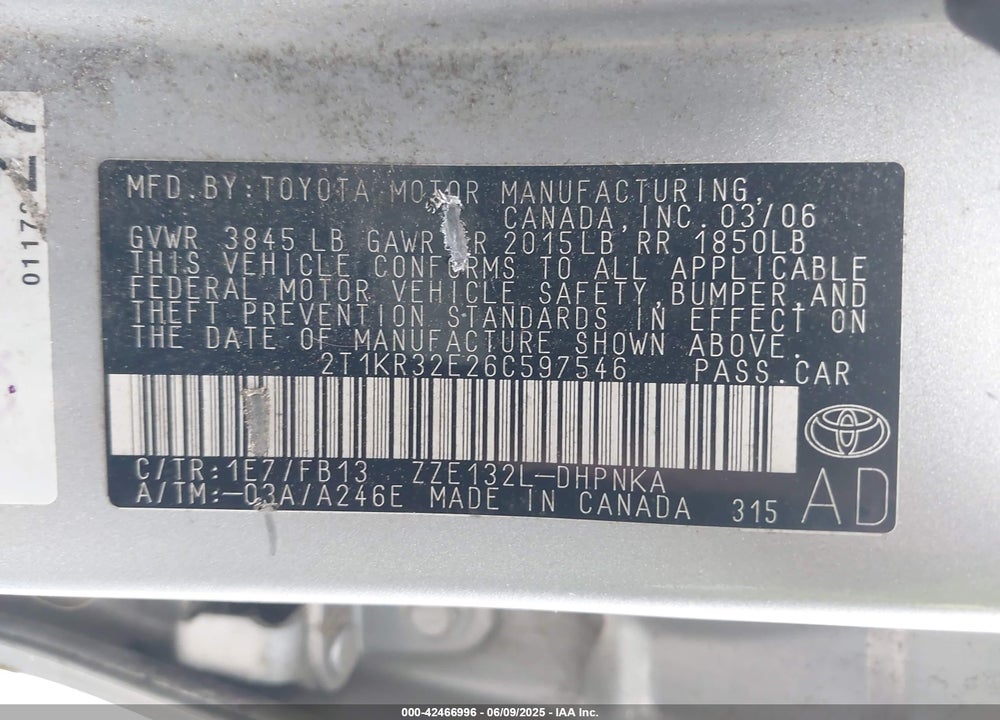 2006 TOYOTA MATRIX/XR VIN: 2T1KR32E26C597546