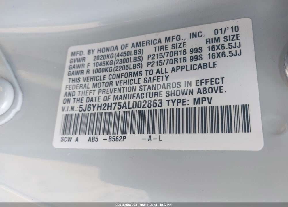 2010 HONDA ELEMENT VIN: 5J6YH2H75AL002863