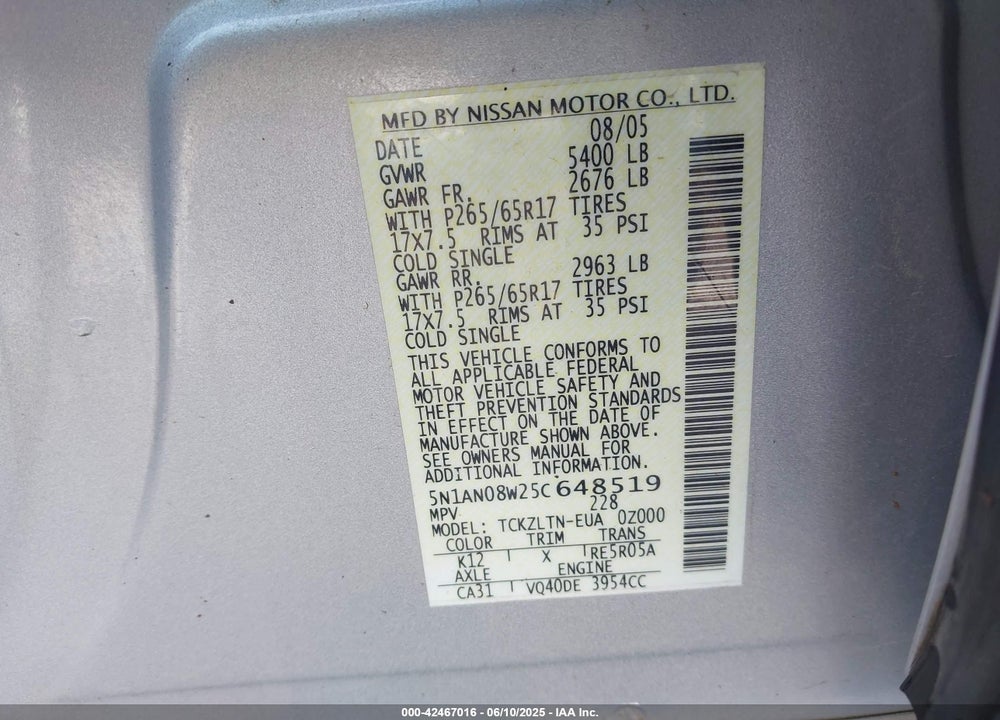 2005 NISSAN XTERRA SE VIN: 5N1AN08W25C648519