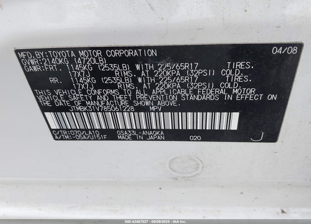 2008 TOYOTA RAV4 LIMITED V6 VIN: JTMBK31V785061228