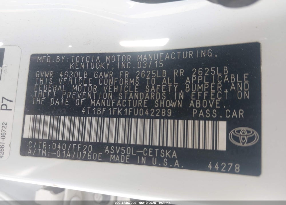 2015 TOYOTA CAMRY VIN: 4T1BF1FK1FU042289