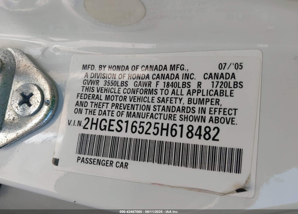 2005 HONDA CIVIC LX VIN: 2HGES16525H618482