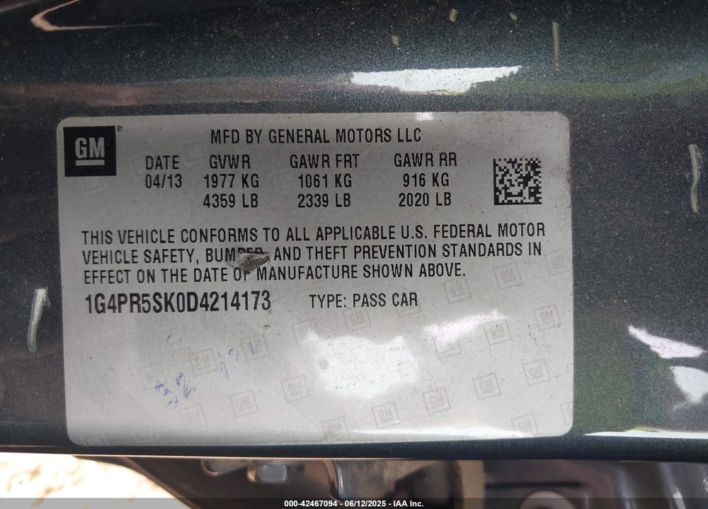 2013 BUICK VERANO VIN: 1G4PR5SK0D4214173