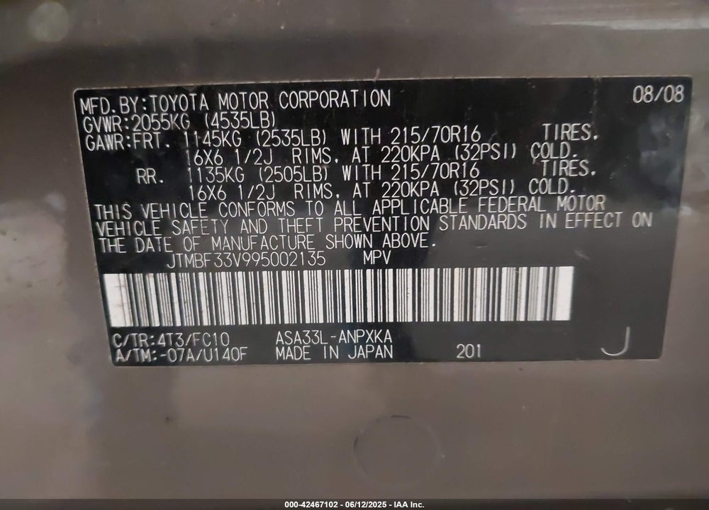 2009 TOYOTA RAV4 VIN: JTMBF33V995002135