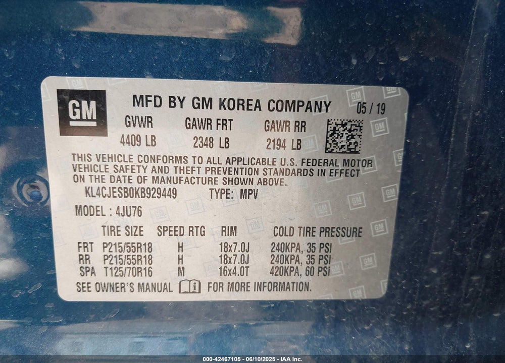 2019 BUICK ENCORE VIN: KL4CJESB0KB929449