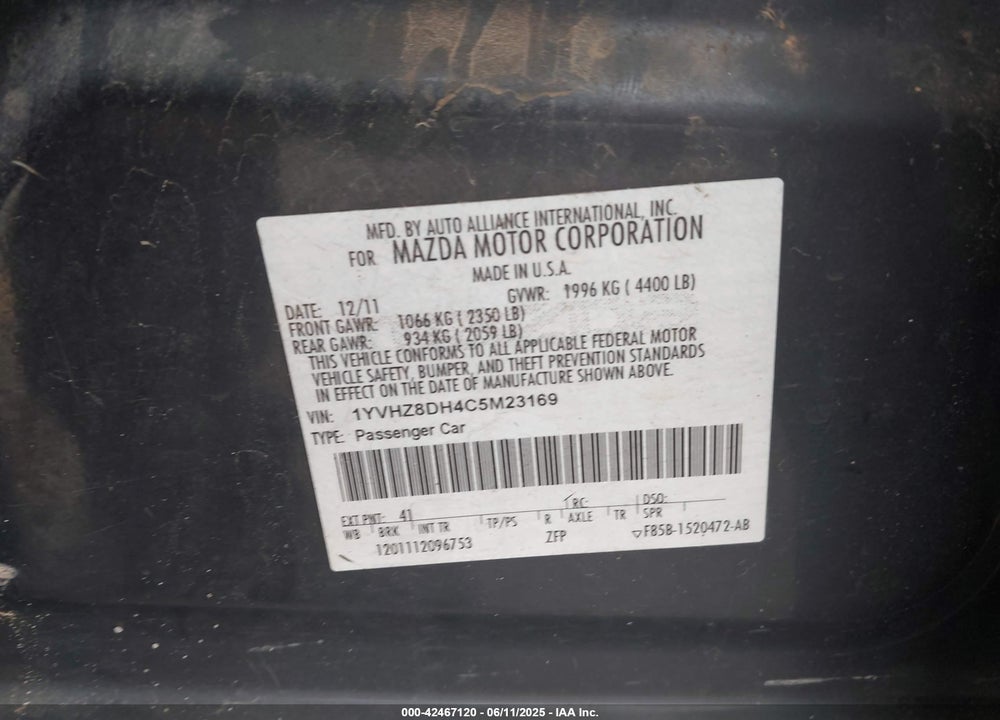 2012 MAZDA 6 VIN: 1YVHZ8DH4C5M23169