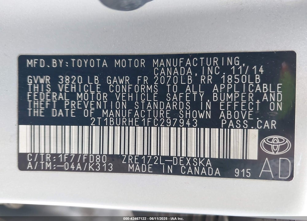 2015 TOYOTA COROLLA VIN: 2T1BURHE1FC297943