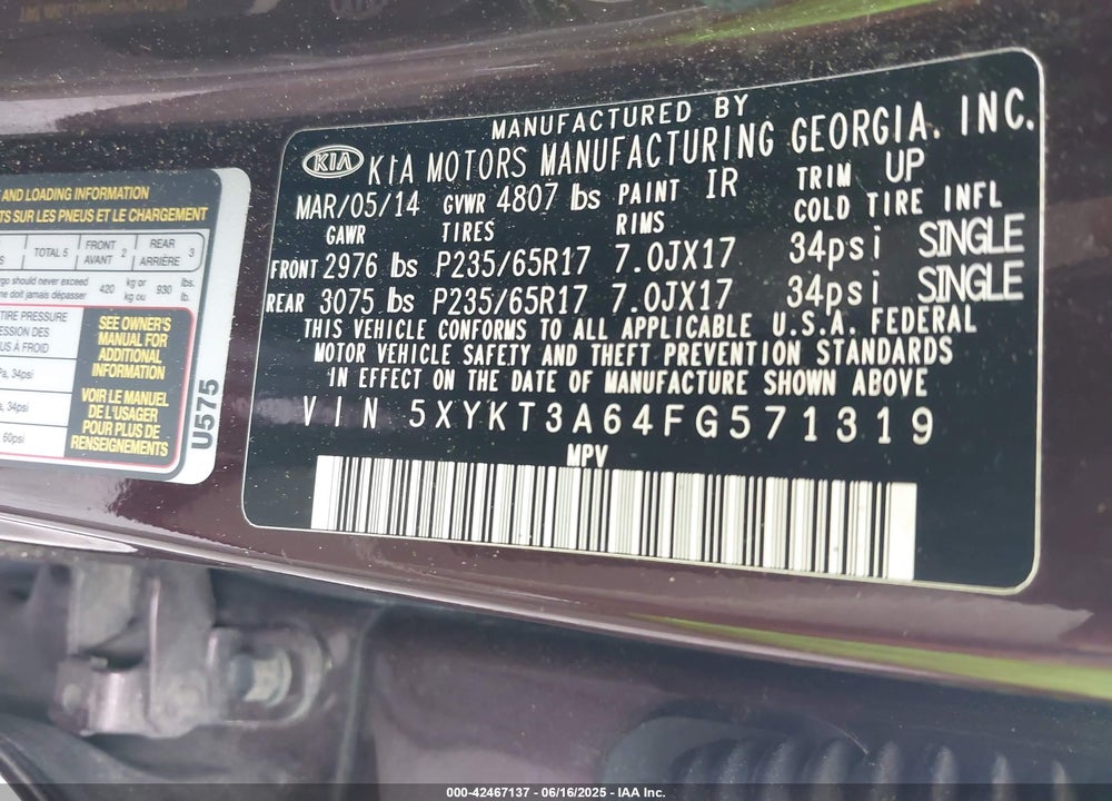 2015 KIA SORENTO VIN: 5XYKT3A64FG571319