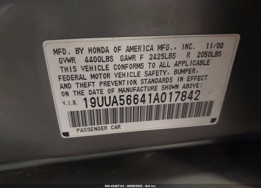 2001 ACURA TL 3.2 VIN: 19UUA56641A017842