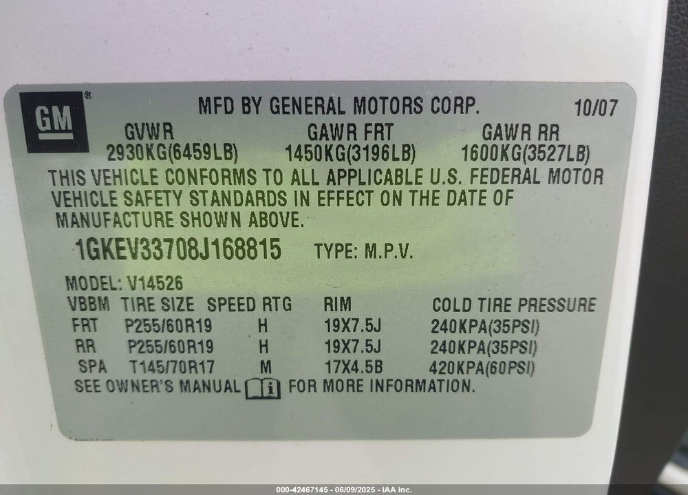 2008 GMC ACADIA SLT-2 VIN: 1GKEV33708J168815