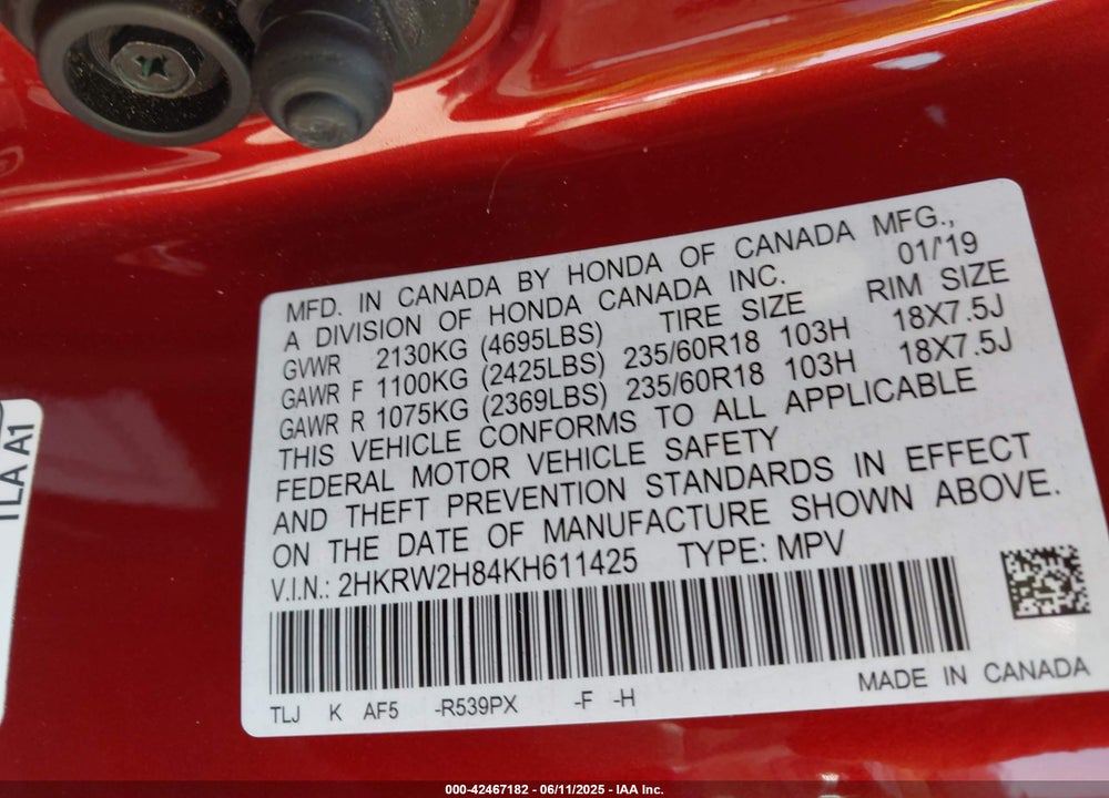 2019 HONDA CR-V VIN: 2HKRW2H84KH611425