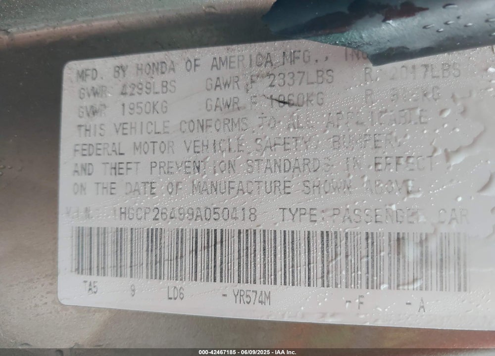 2009 HONDA ACCORD VIN: 1HGCP26499A050418