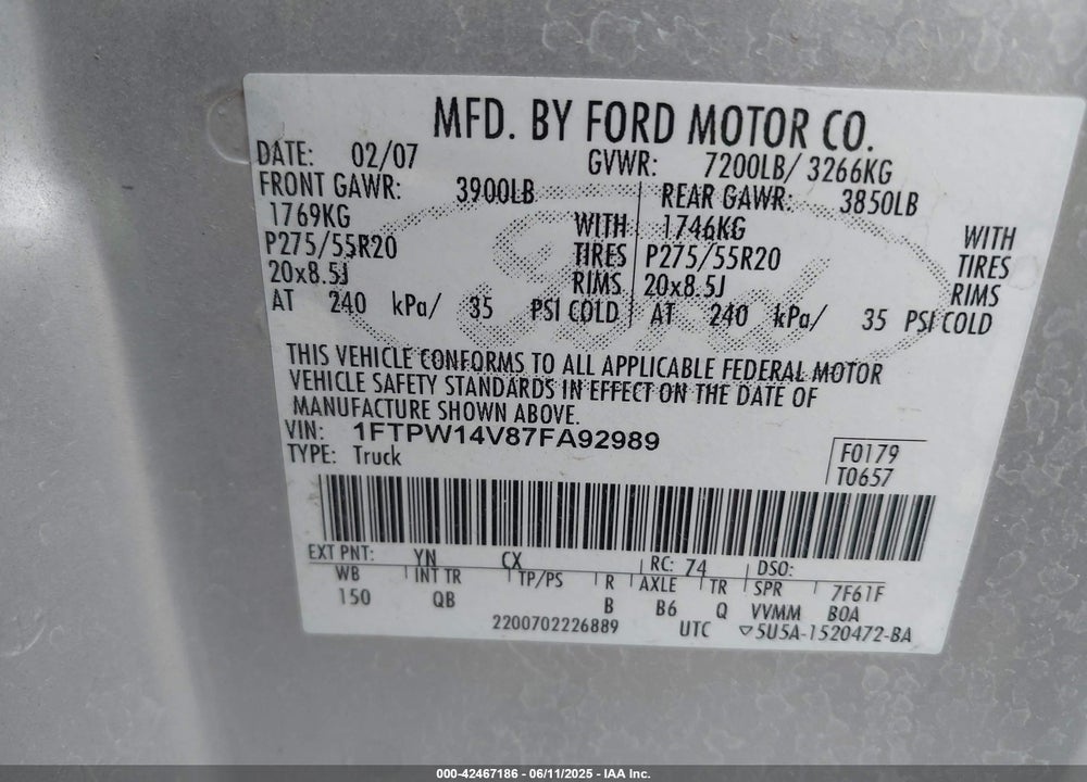2007 FORD F-150 FX4/LARIAT/XLT VIN: 1FTPW14V87FA92989