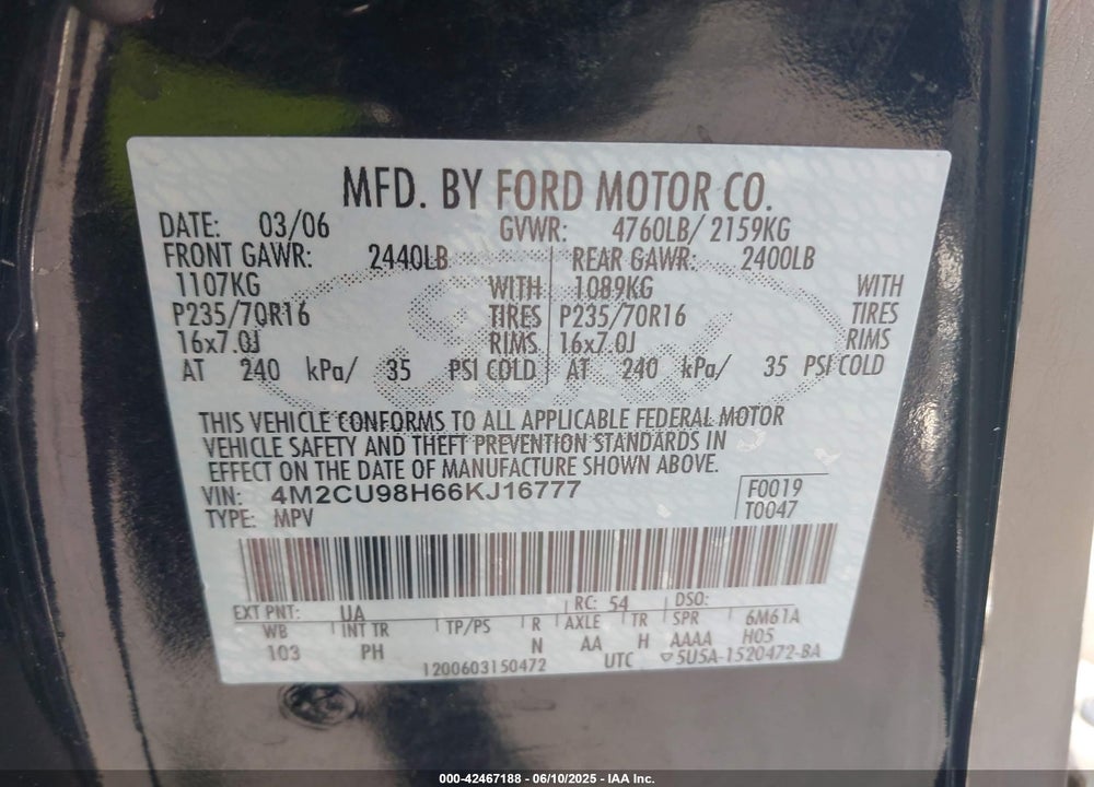 2006 MERCURY MARINER HYBRID VIN: 4M2CU98H66KJ16777