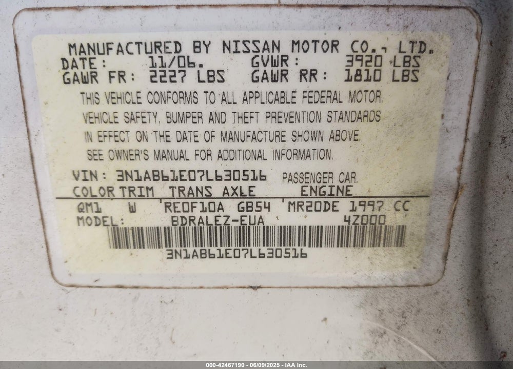 2007 NISSAN SENTRA 2.0S VIN: 3N1AB61E07L630516